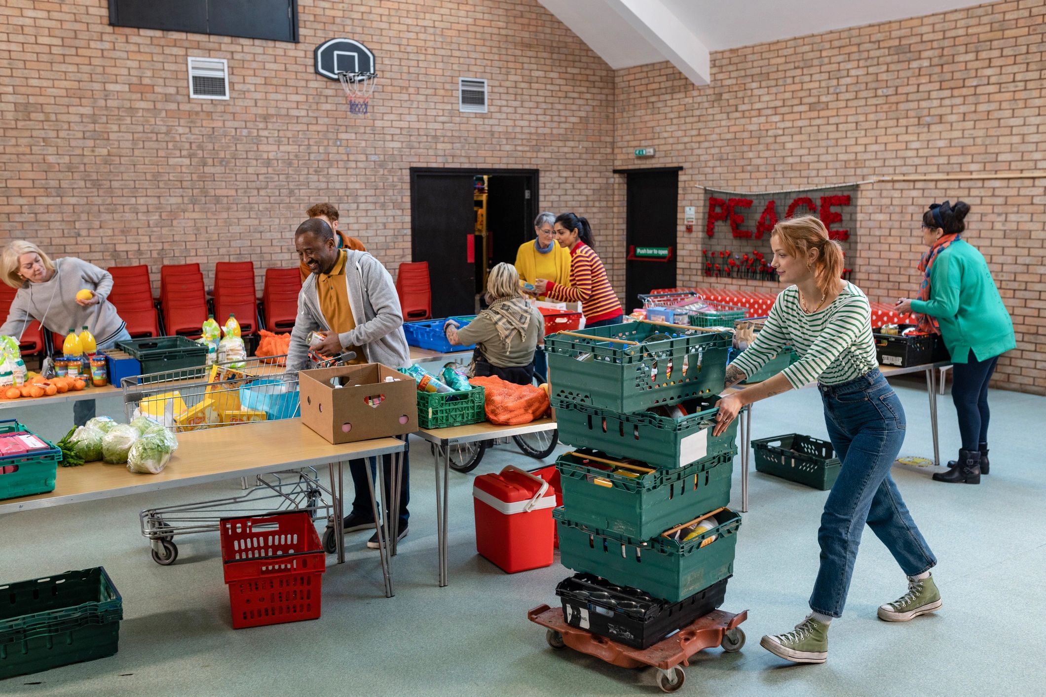 Volunteers organizing donations for community outreach